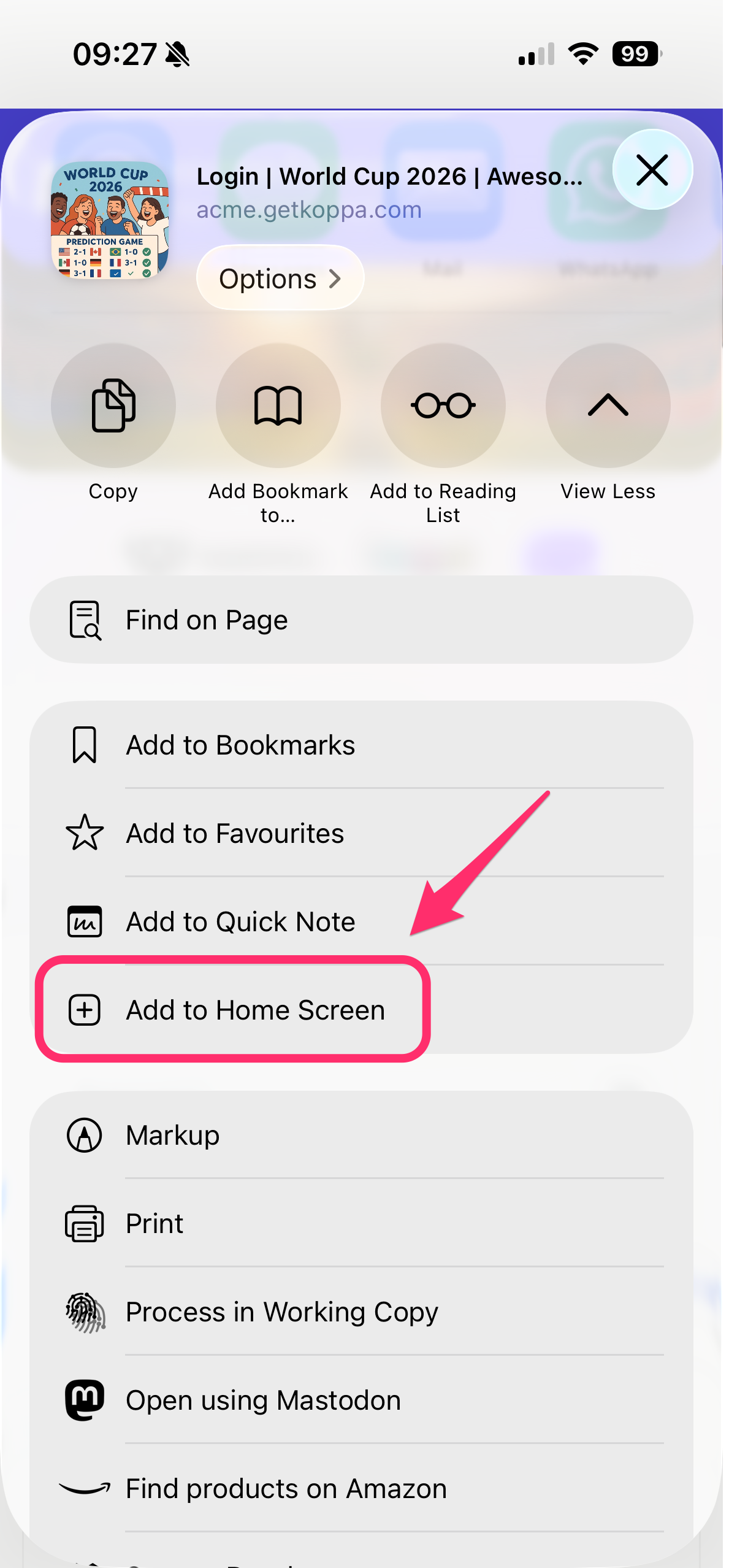 Add to Home Screen option in Safari